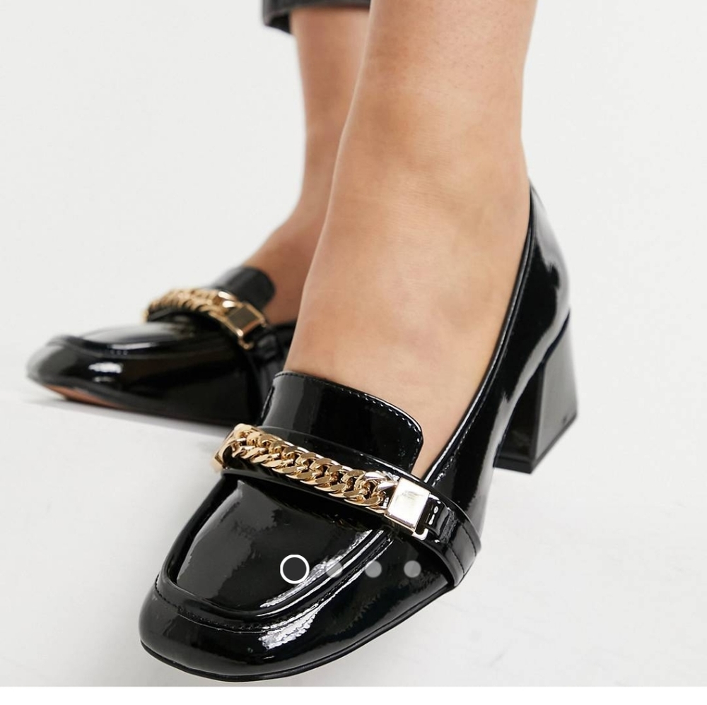 NWT Asos Black Heeled Loafers with Gold Chain